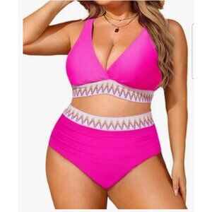 Yonique Womens Plus Size 16W Two-Piece Bikini High-Waisted Swimsuit Zigzag Sexy